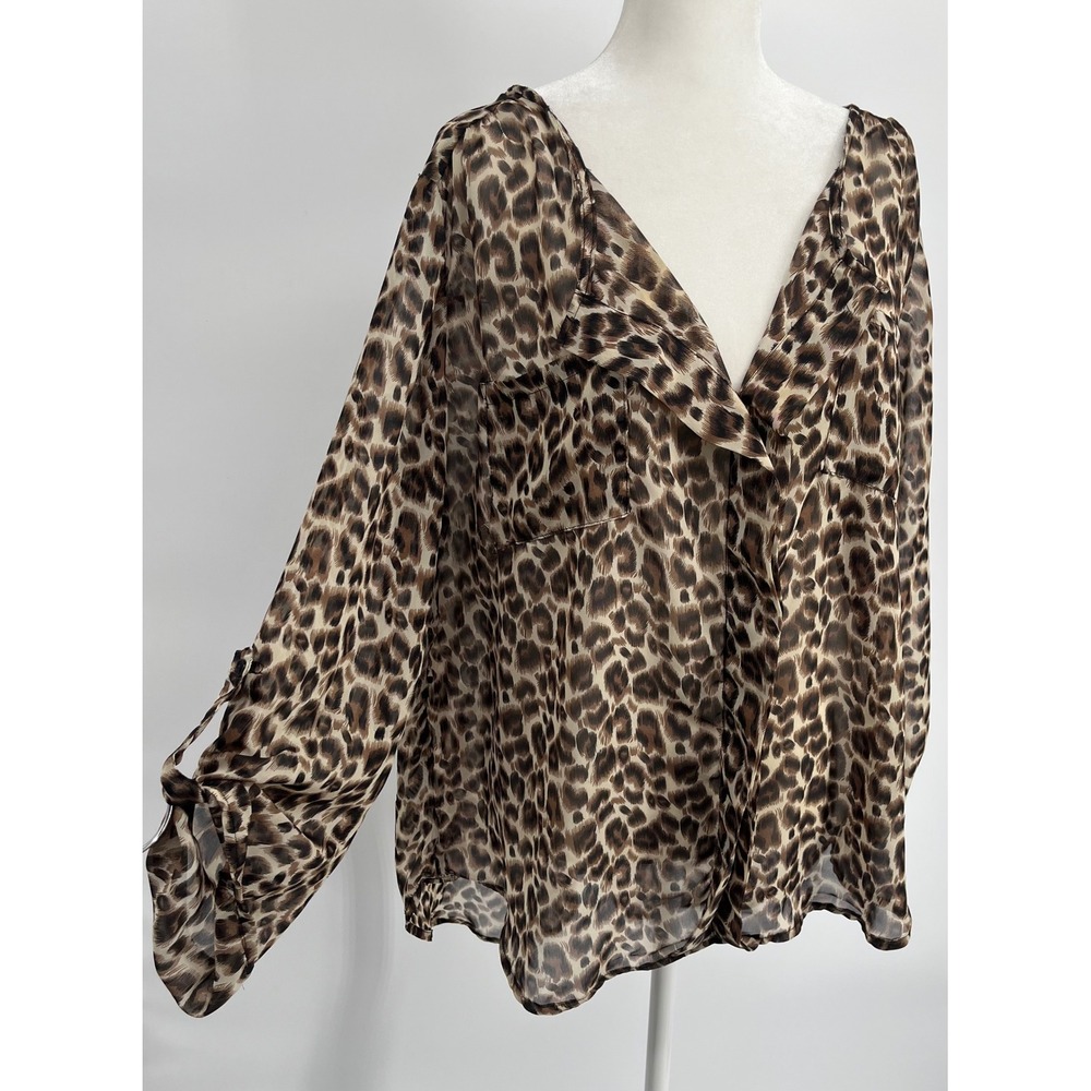 DNA Couture Women 3X Top Leopard Print Sheer Chiffon V-Neck Roll Tab Blouse Chic